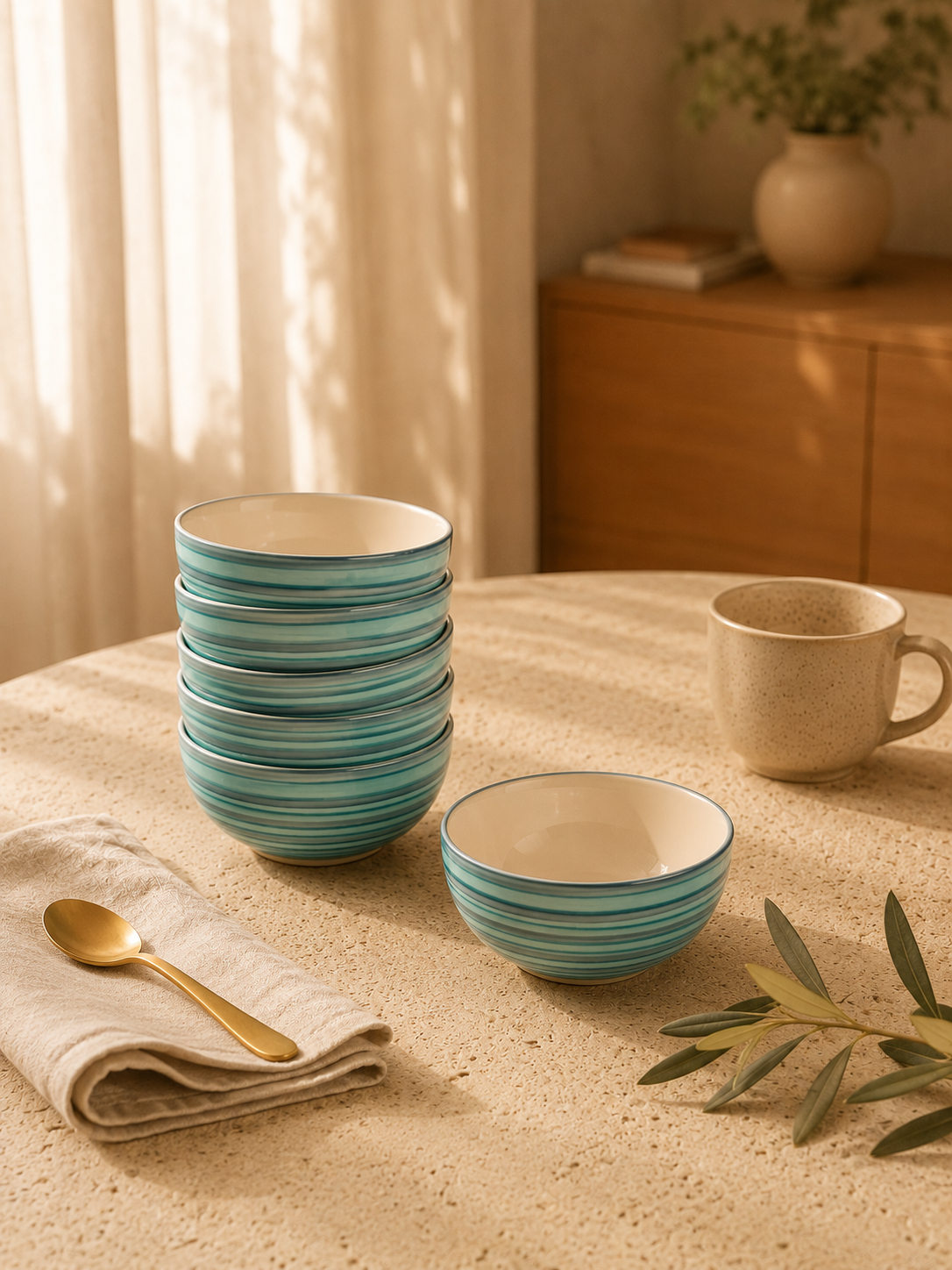 Handcrafted Turquoise Ceramic Veg Bowls (Set of 6)